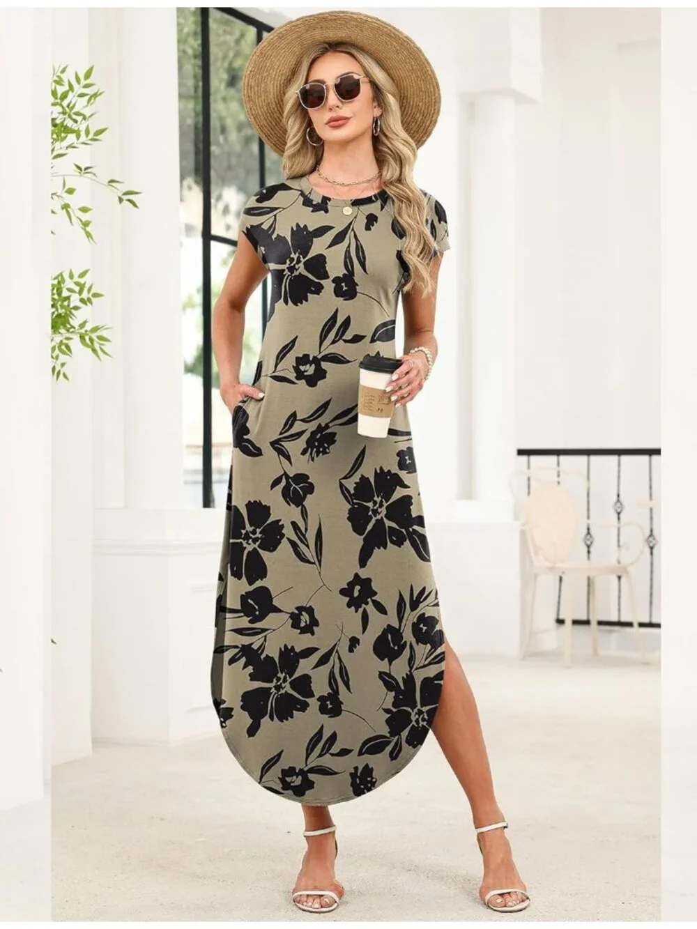 Women's Floral Black Flowers Summer Cap Sleeves Crewneck Maxi Dress with Pockets - Picture 4 of 5
